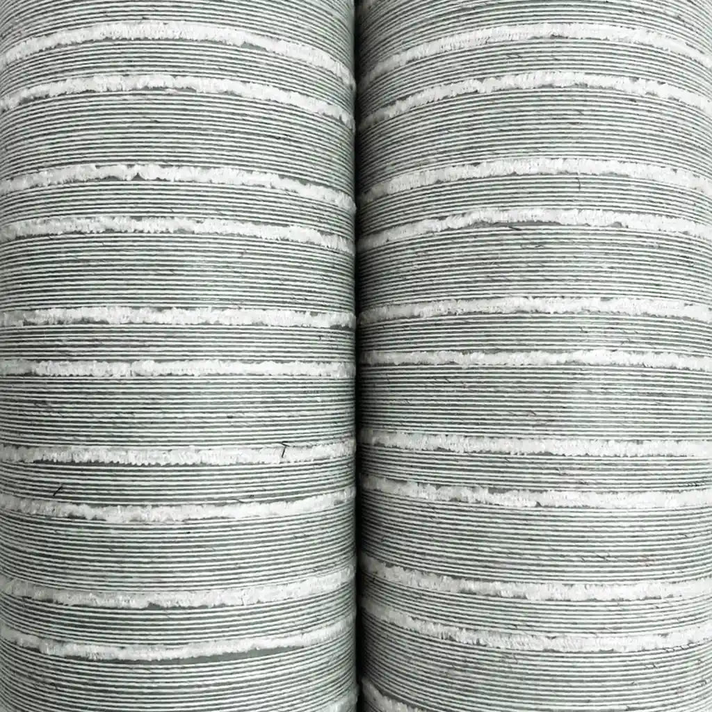 Close-up texture of York Wallcoverings' Striped Cotton Yarn wallpaper, showcasing greige and cream woven fabric detail.