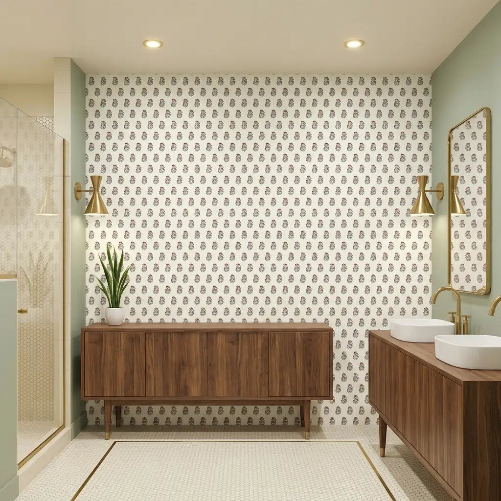 Bathroom - Pink, Cream, Green Sylvie wallpaper by York Wallcoverings creates a vibrant, stylish bathroom space.