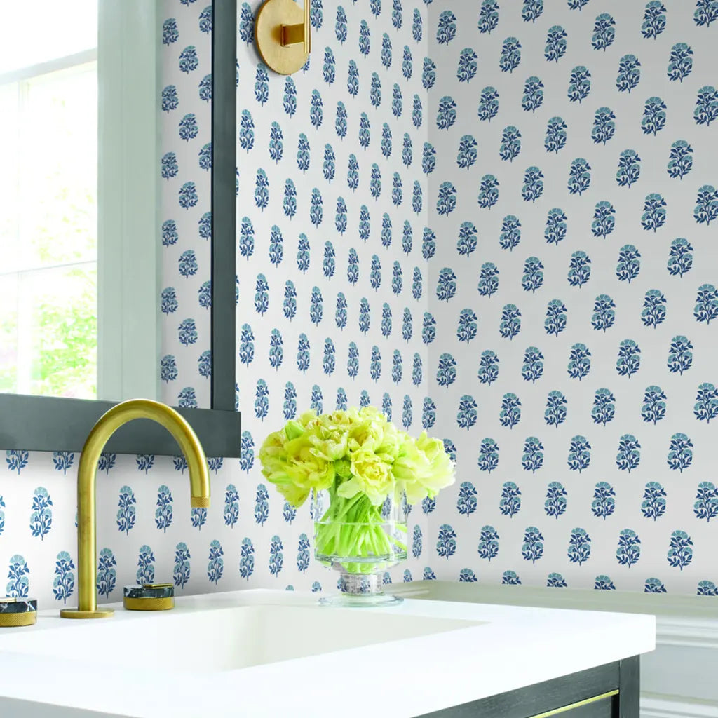 Bathroom featuring elegant Sylvie wallpaper in Blue, White by York Wallcoverings, enhancing modern decor.