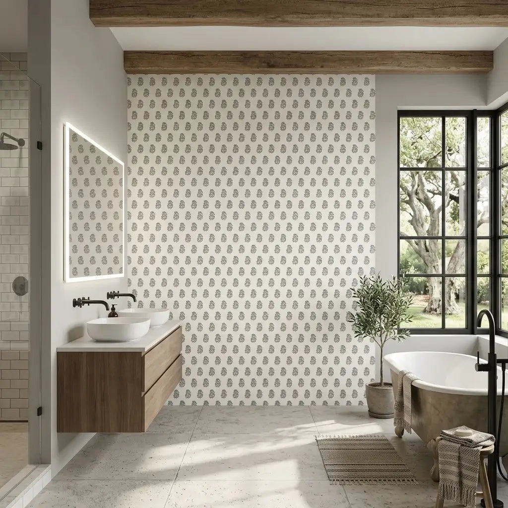 Bathroom - Sylvie wallpaper in Blue, Cream by York Wallcoverings transforms this stylish bathroom with elegant design.