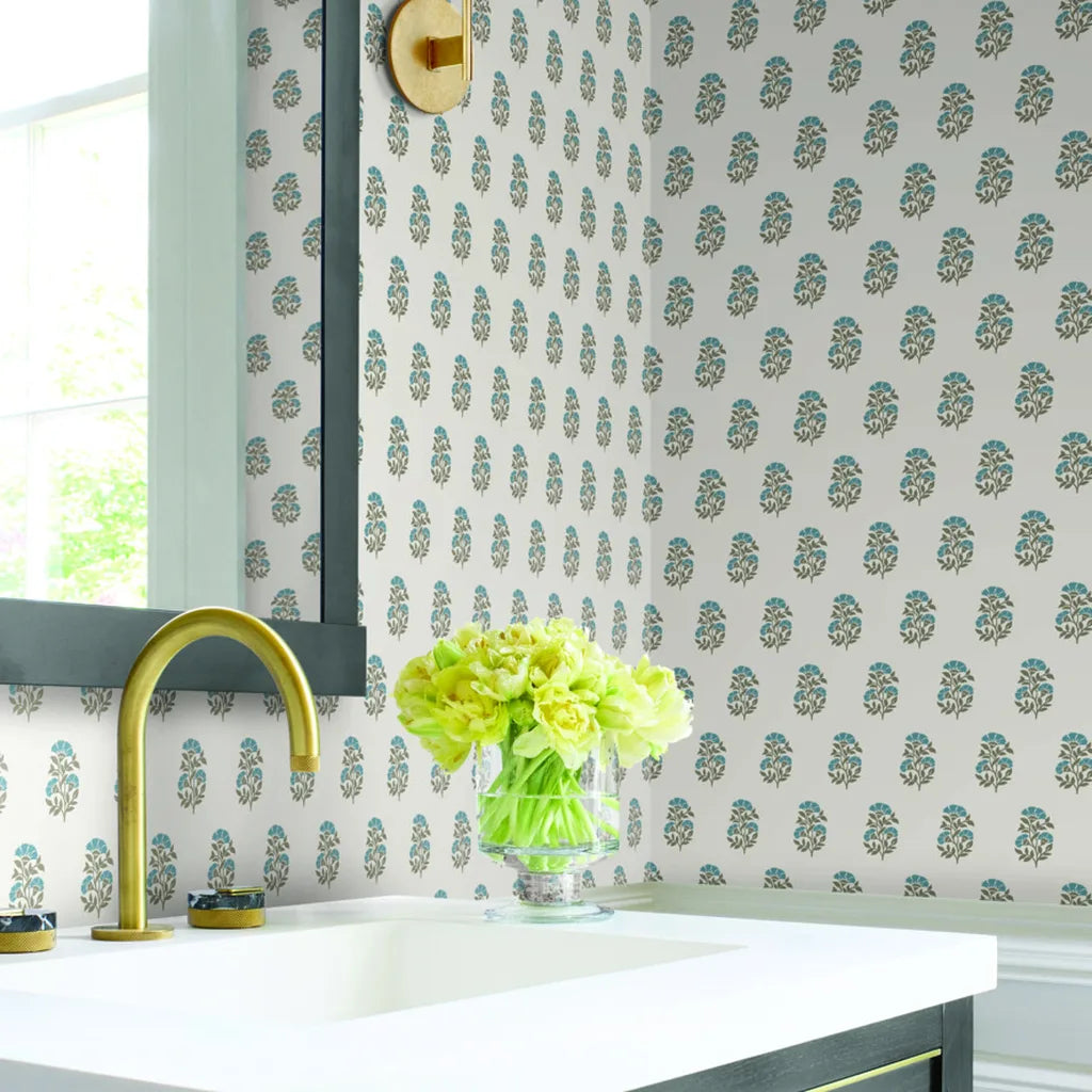 Elegant bathroom photo showcasing Sylvie wallpaper in Blue, Cream by York Wallcoverings, adding a sophisticated touch.
