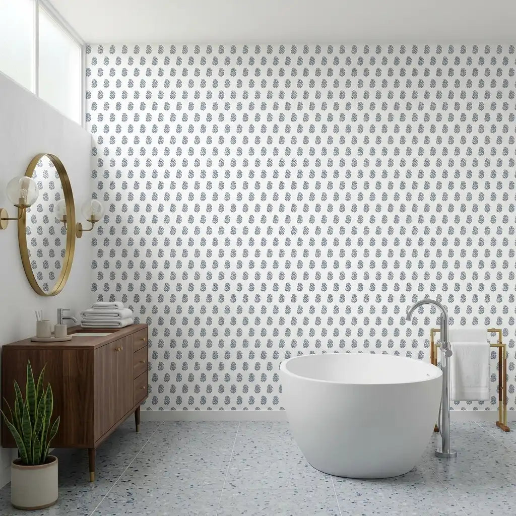 Bathroom - 'Sylvie' wallpaper in Blue, White by York Wallcoverings creates a chic and serene atmosphere in this modern bathroom.