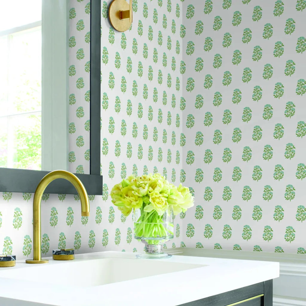 Elegant bathroom showcasing Sylvie wallpaper in Blue, Green, and Cream by York Wallcoverings, perfect for a serene design.