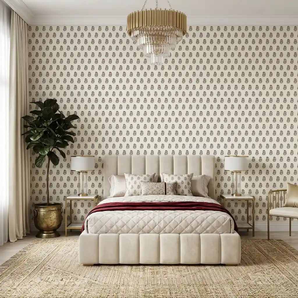 Bedroom - Stylish bedroom featuring Sylvie wallpaper by York Wallcoverings in a beautiful pink, cream, and green floral pattern.