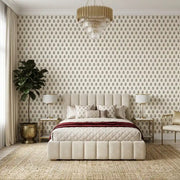 Bedroom - Stylish bedroom featuring Sylvie wallpaper by York Wallcoverings in a beautiful pink, cream, and green floral pattern.