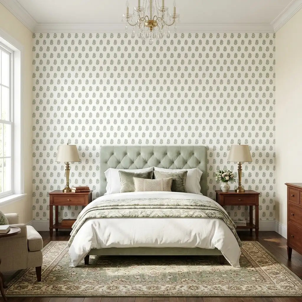 Bedroom - Sylvie wallpaper in Blue, Green, Cream by York Wallcoverings creates a serene and stylish space.