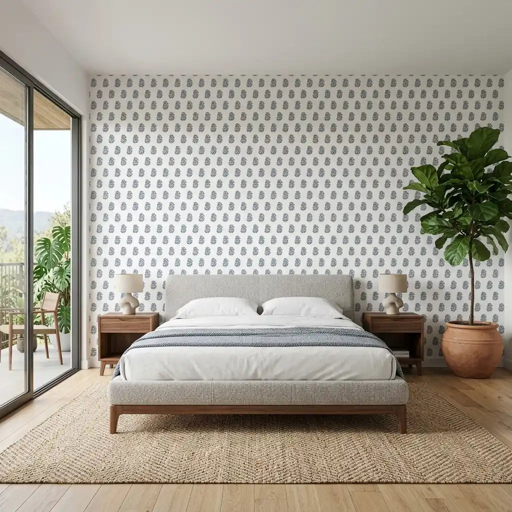 Bedroom - Stylish bedroom featuring Sylvie wallpaper in Blue, White by York Wallcoverings, creating a serene and elegant space.