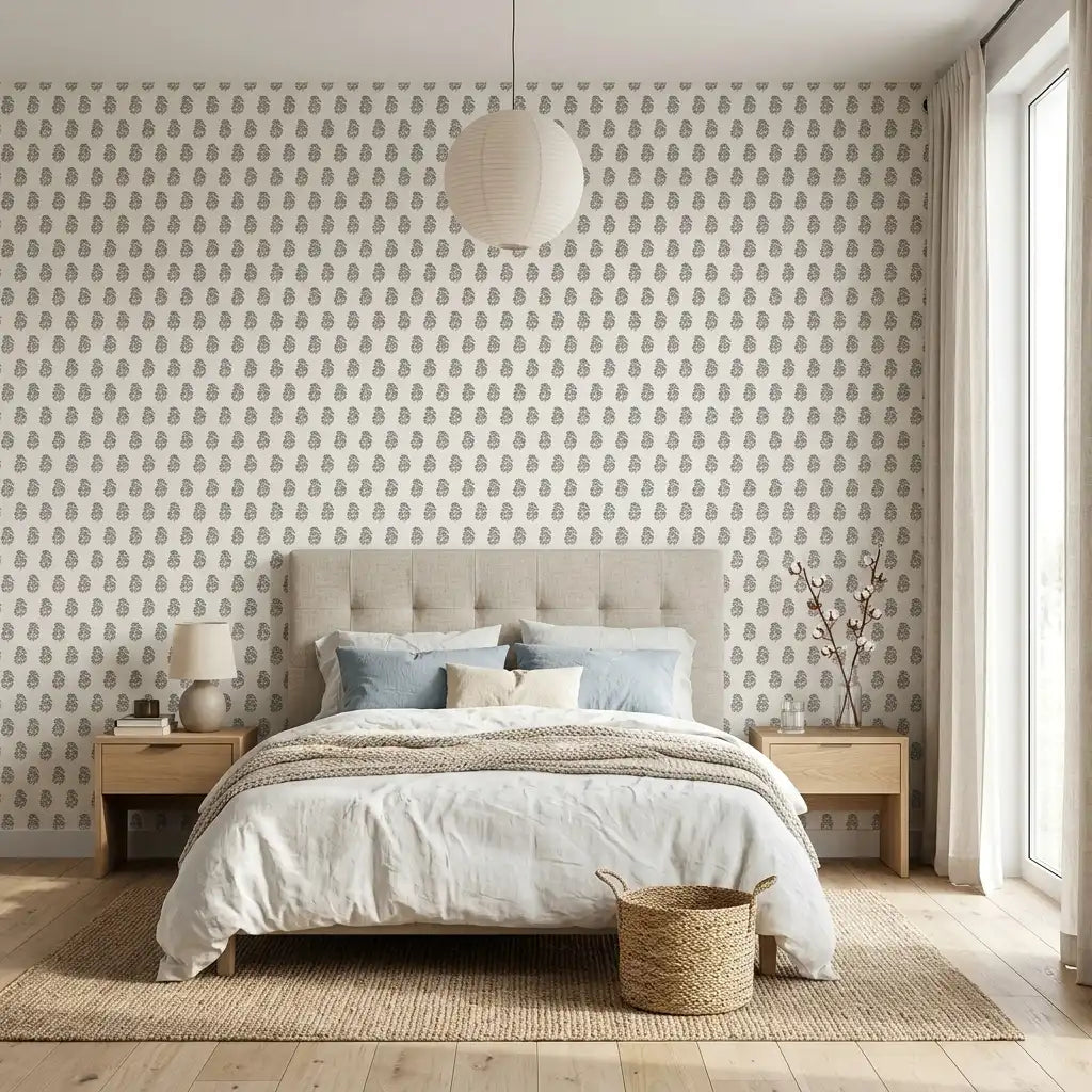 Bedroom - Elegant bedroom with 'Sylvie' wallpaper in Blue, Cream by York Wallcoverings, creating a serene and stylish space.