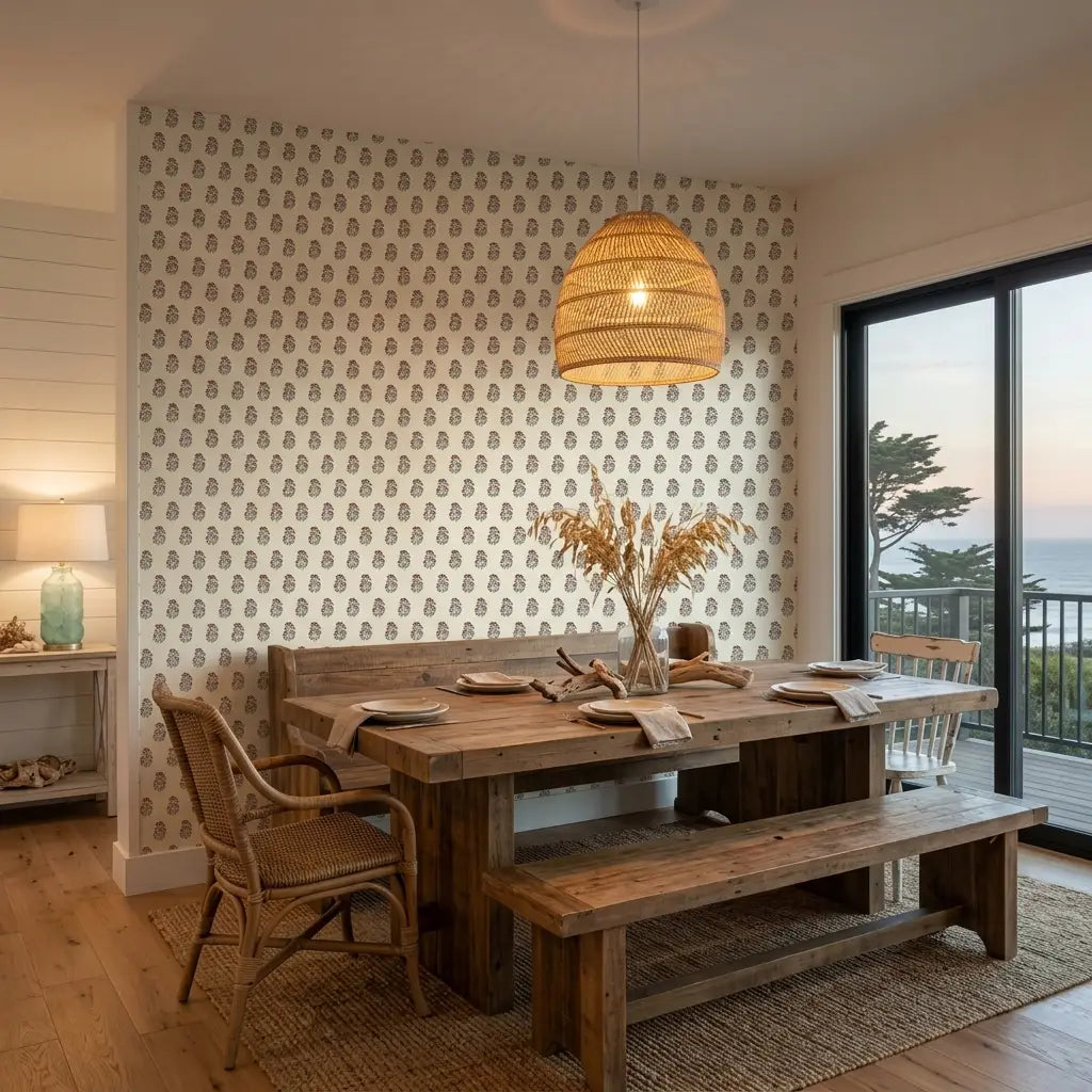 Dining Room - Elegant space featuring York Wallcoverings' 'Sylvie' wallpaper with a beautiful Pink, Cream, and Green floral pattern.