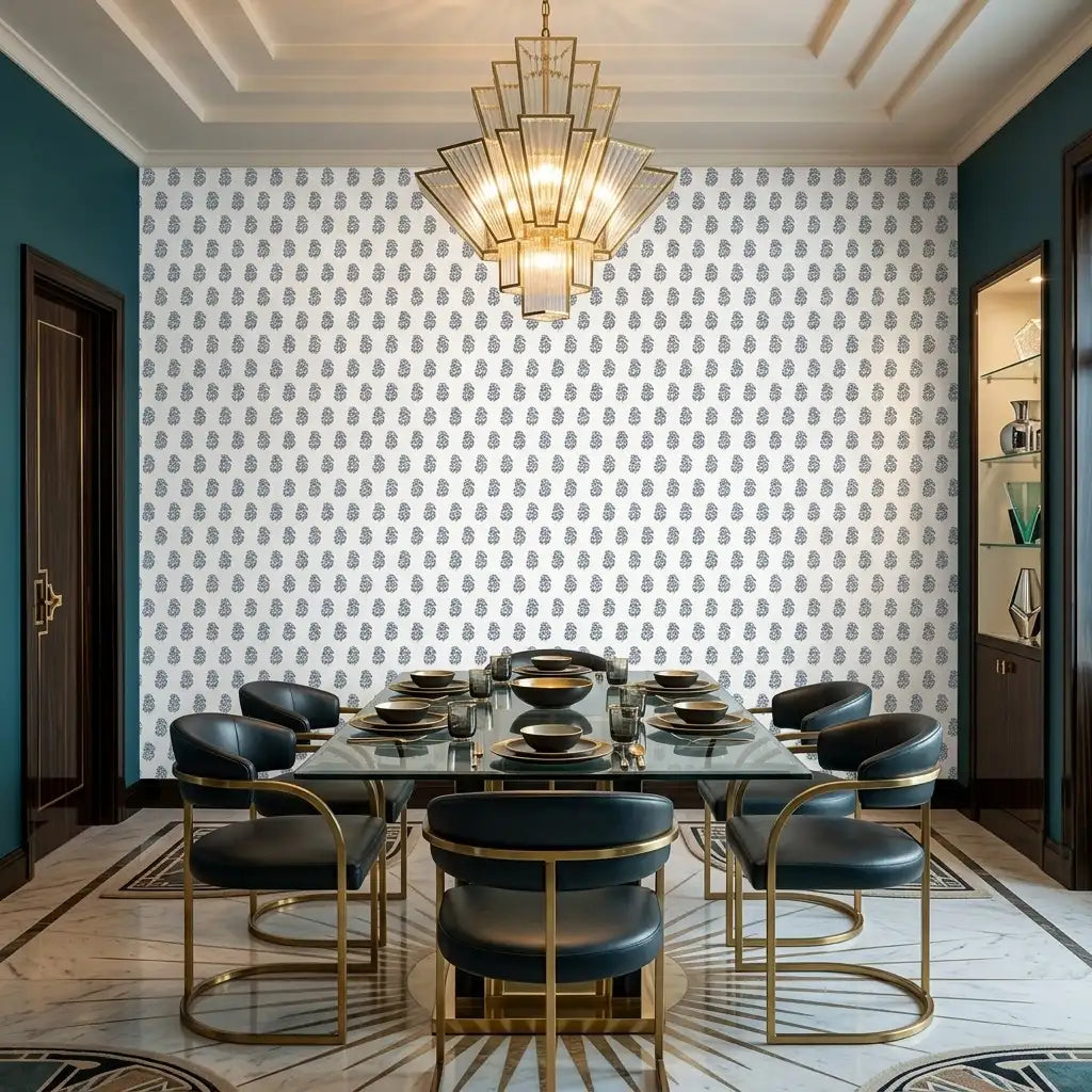 Dining Room - Elegant dining space featuring 'Sylvie' wallpaper in Blue, White by York Wallcoverings, creating a serene ambiance.