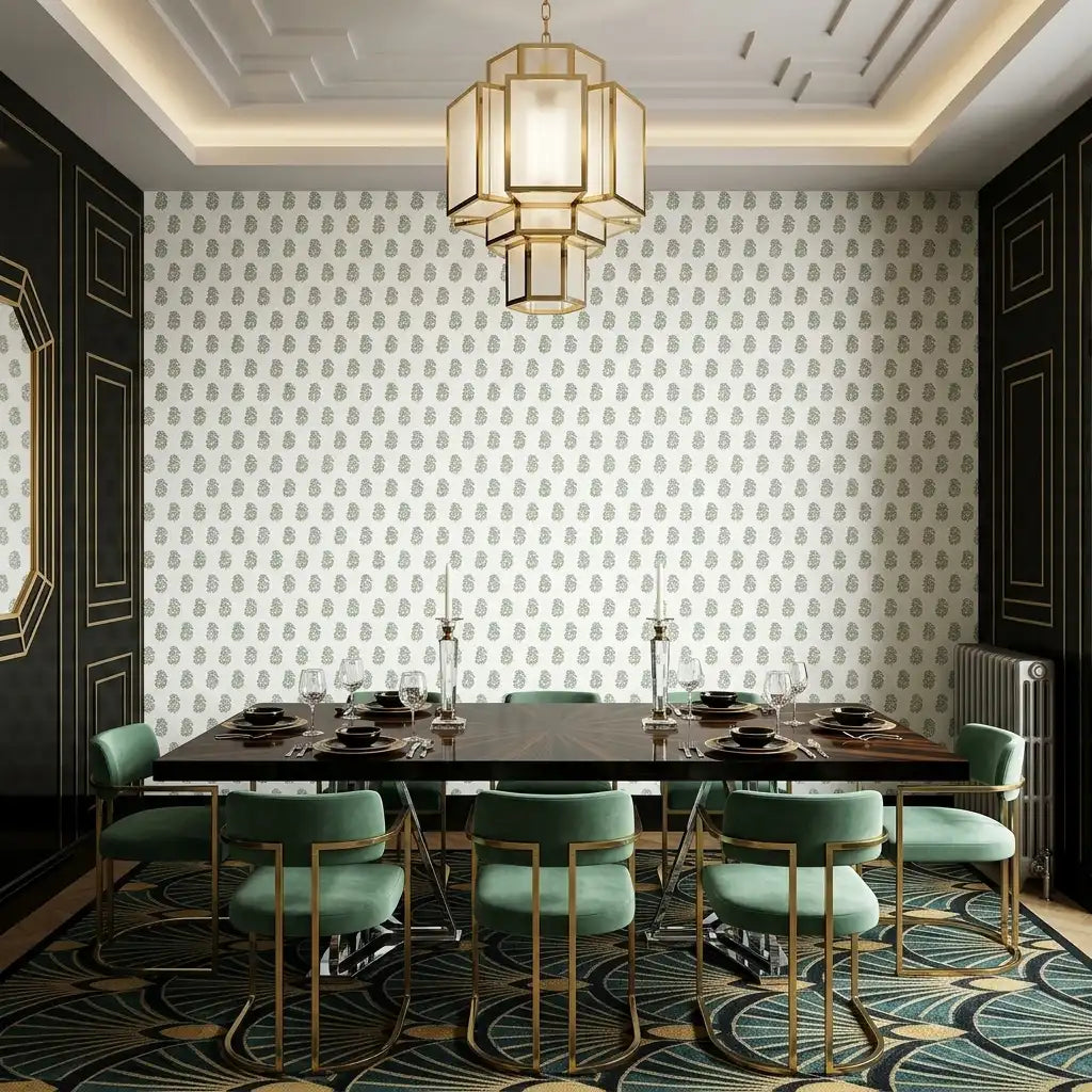 Dining Room - Elegant dining space featuring York Wallcoverings' Sylvie wallpaper in beautiful Blue, Green, and Cream hues.