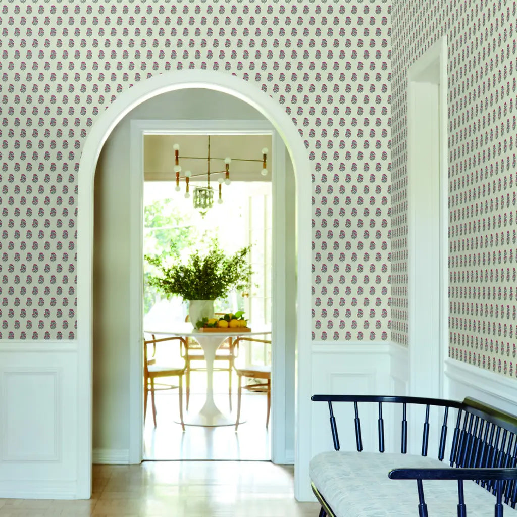 Pink, Cream, Green Sylvie wallpaper by York Wallcoverings brightens this inviting entryway space.