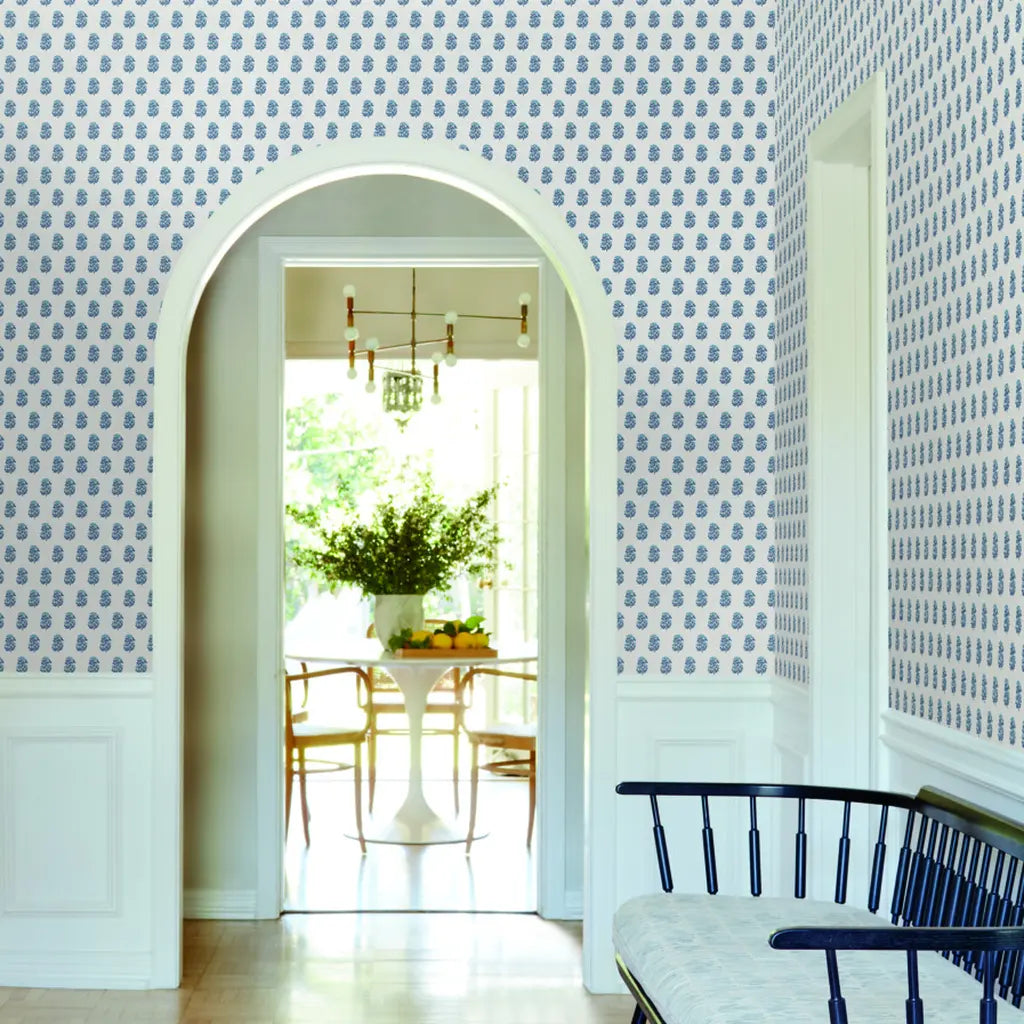 Entryway showcasing Sylvie wallpaper in Blue and White by York Wallcoverings, adding style and charm to the space.