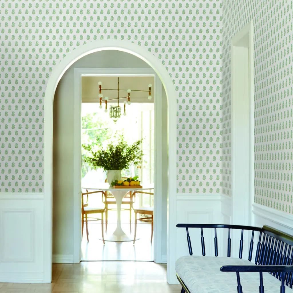 Entryway photo showcasing Sylvie wallpaper in Blue, Green, Cream by York Wallcoverings, creating a vibrant welcome.