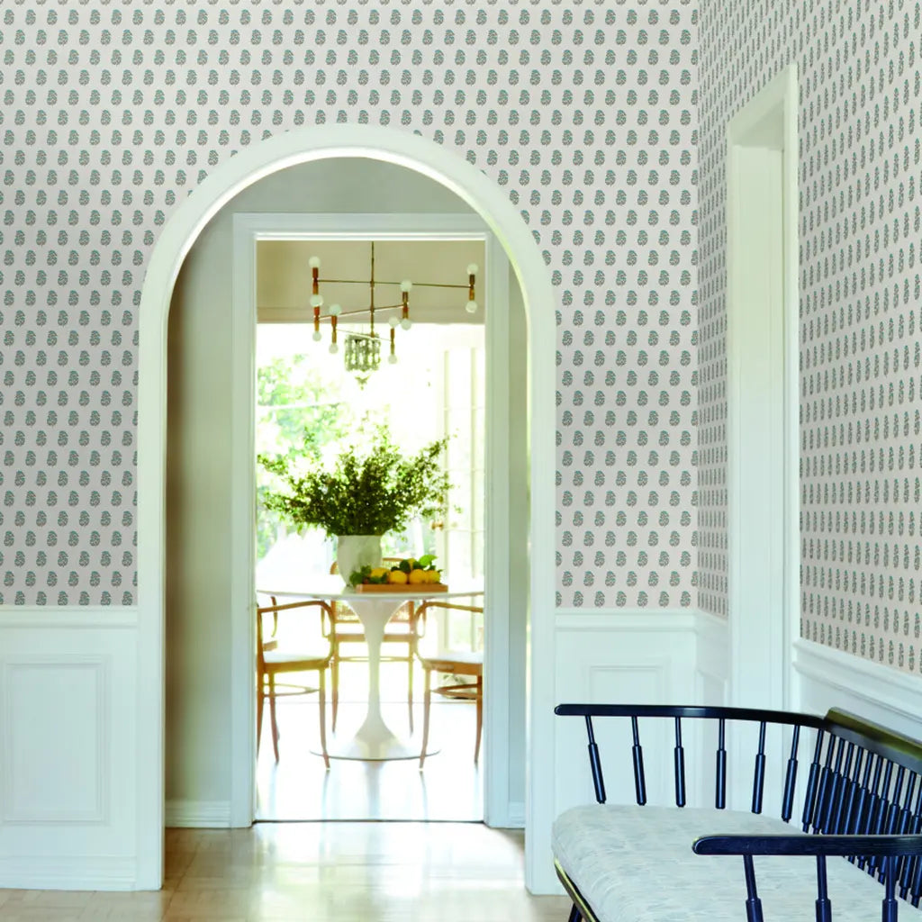 Entryway featuring elegant Sylvie wallpaper in Blue and Cream by York Wallcoverings, creating a serene and stylish welcome.
