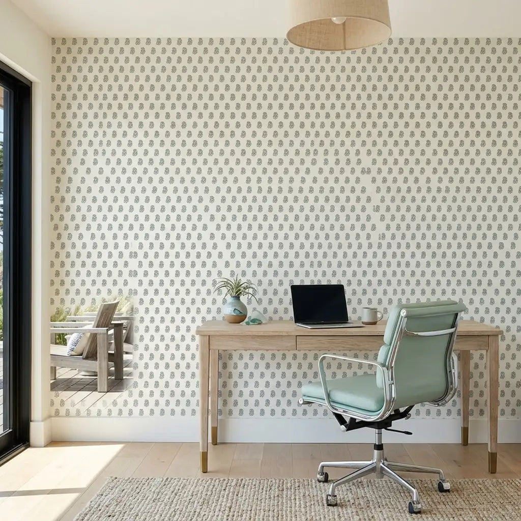 Home Office - Chic workspace with Sylvie wallpaper in Blue, Cream by York Wallcoverings, perfect for productivity.