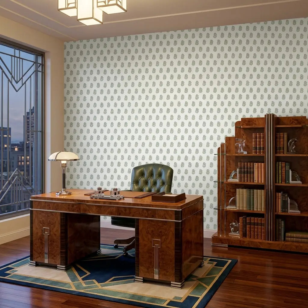 Home Office - Stylish home office with 'Sylvie' wallpaper by York Wallcoverings, featuring beautiful blue, green, and cream hues.