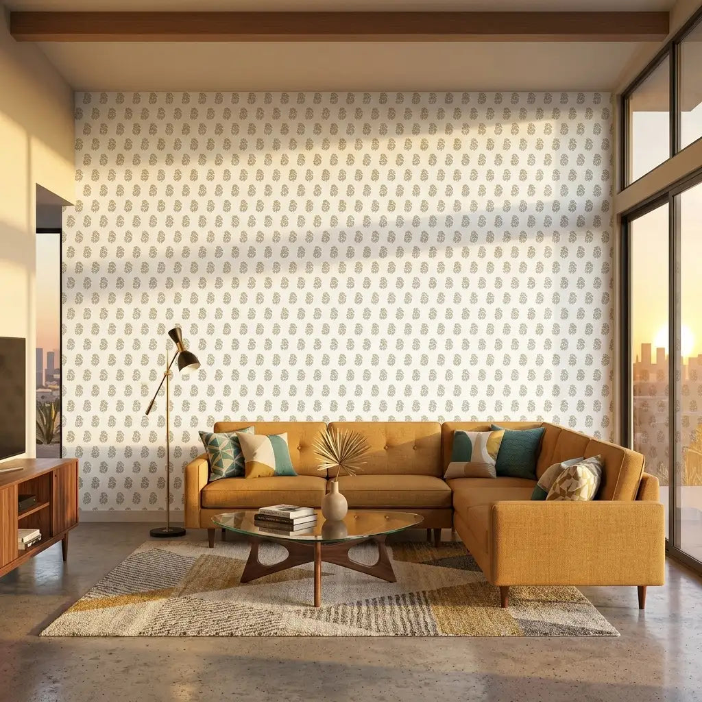 Living Room - Elegant living space showcasing York Wallcoverings' Sylvie wallpaper in beautiful Yellow, Cream, and Green hues.
