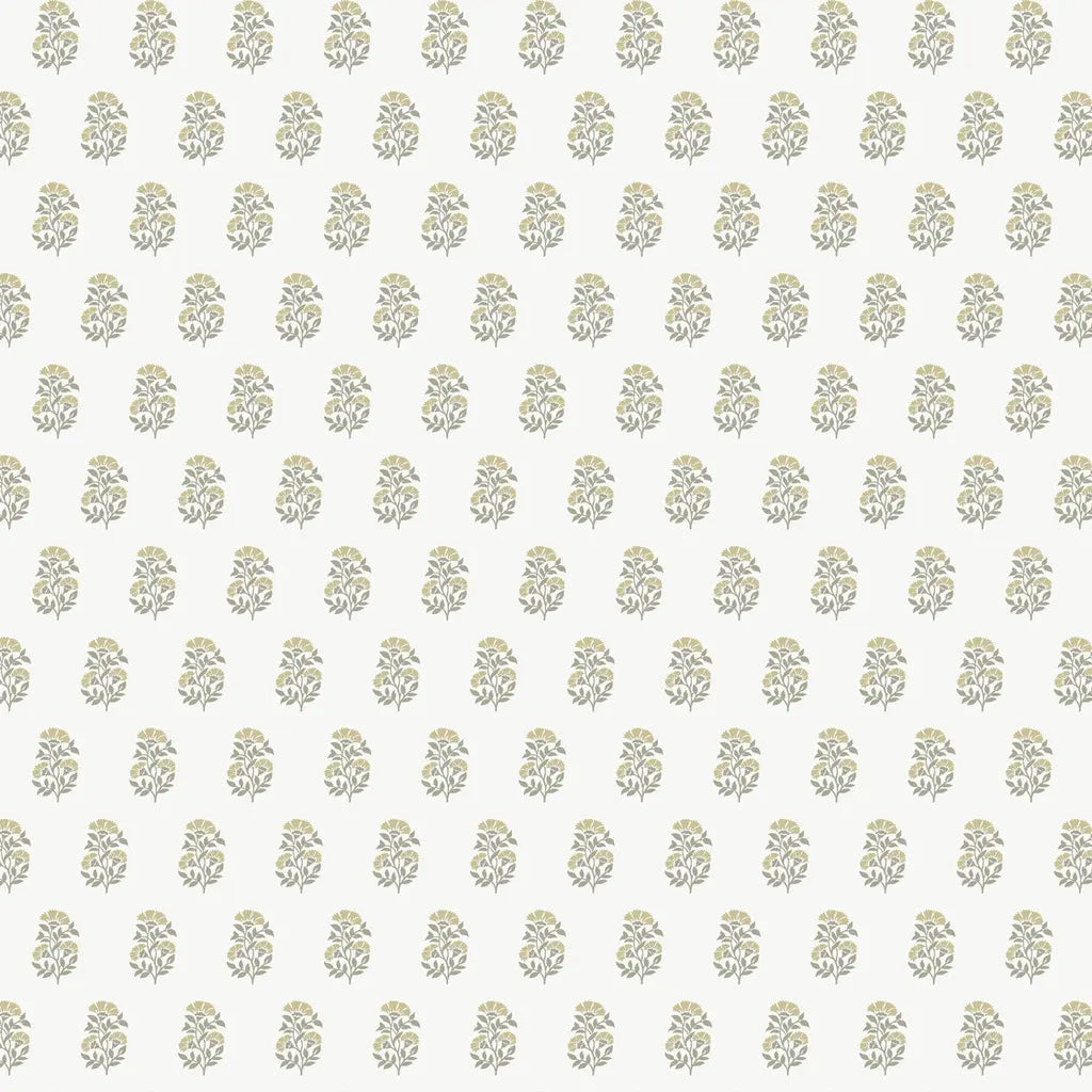 Sylvie wallpaper pattern swatch by York Wallcoverings featuring a pattern in yellow, cream, and green.