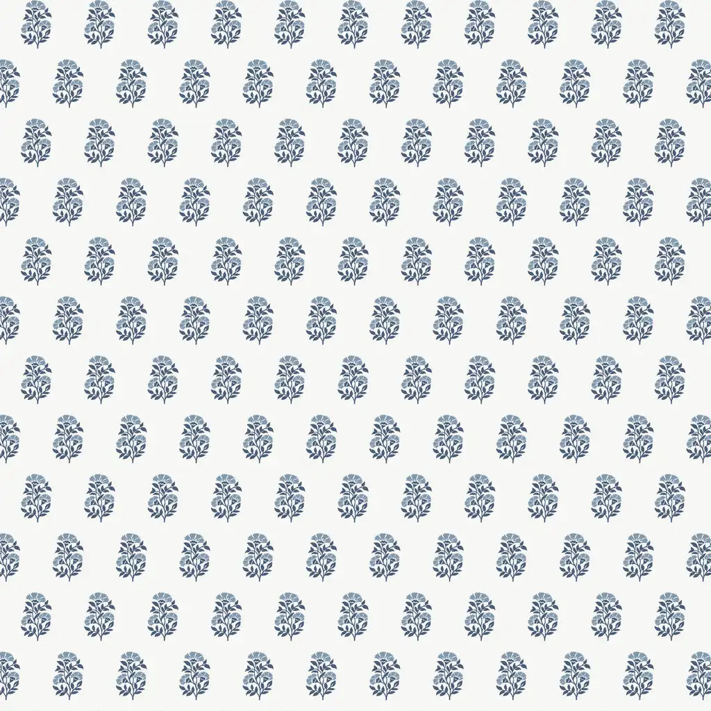 York Wallcoverings Sylvie wallpaper pattern swatch in blue and white, SKU VP1384.
