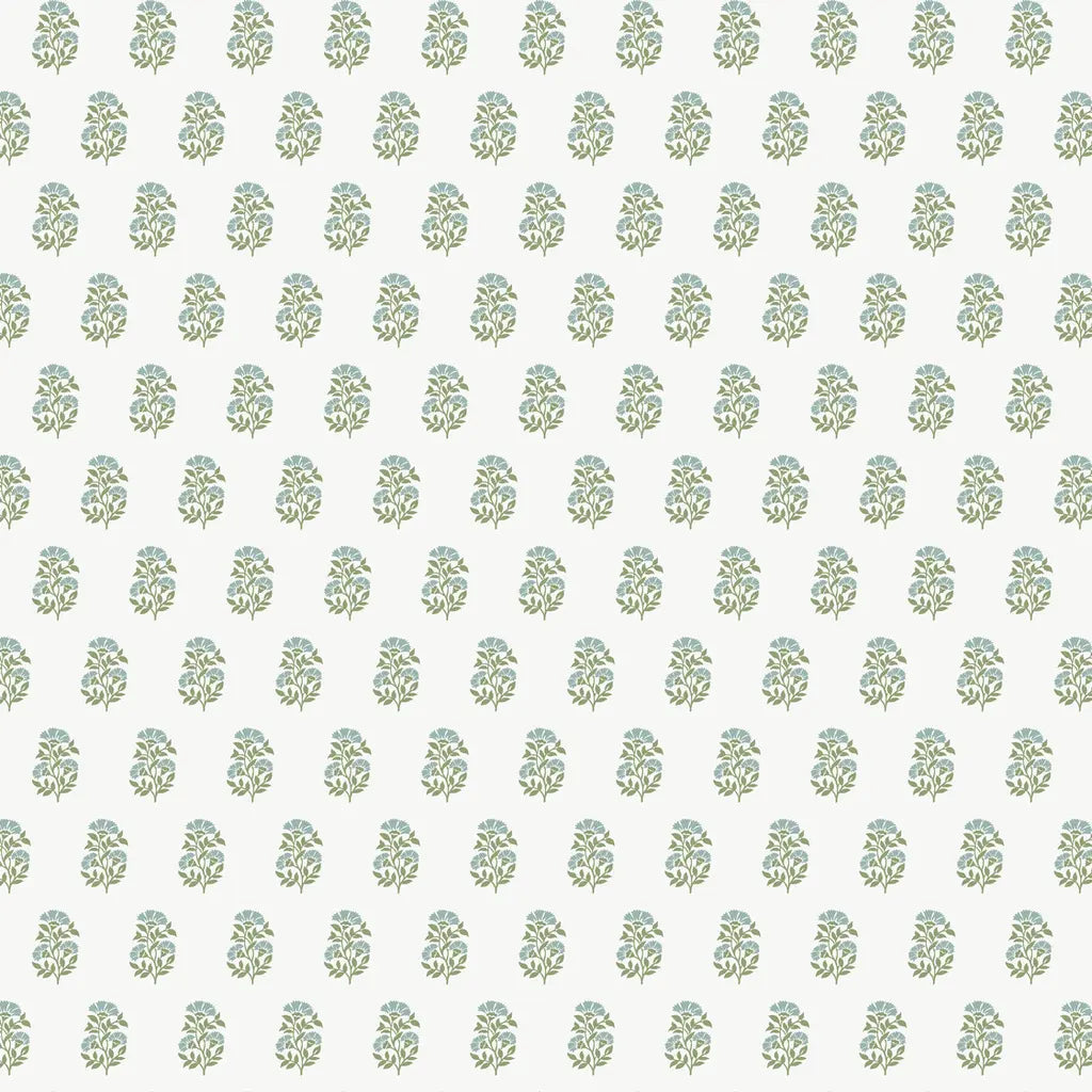 Sylvie wallpaper pattern swatch in blue, green, and cream by York Wallcoverings (SKU VP1385).