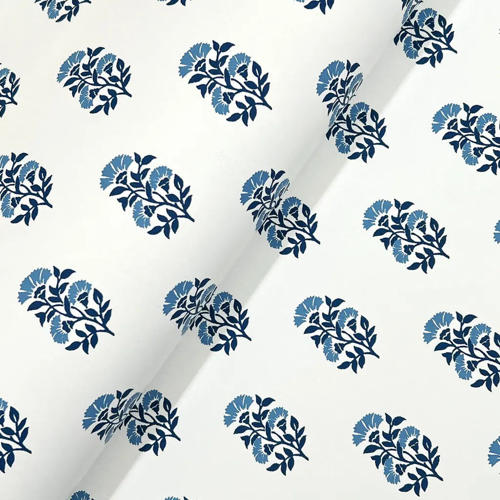 Close-up texture detail of York Wallcoverings' "Sylvie" wallpaper in a beautiful Blue and White pattern.