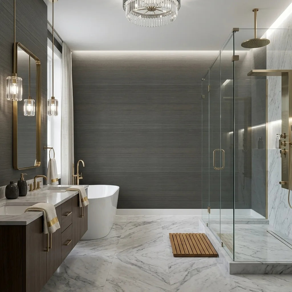 Bathroom - Dark olive Tailored Abaca wallpaper by York Wallcoverings adds sophisticated texture to this elegant bathroom.
