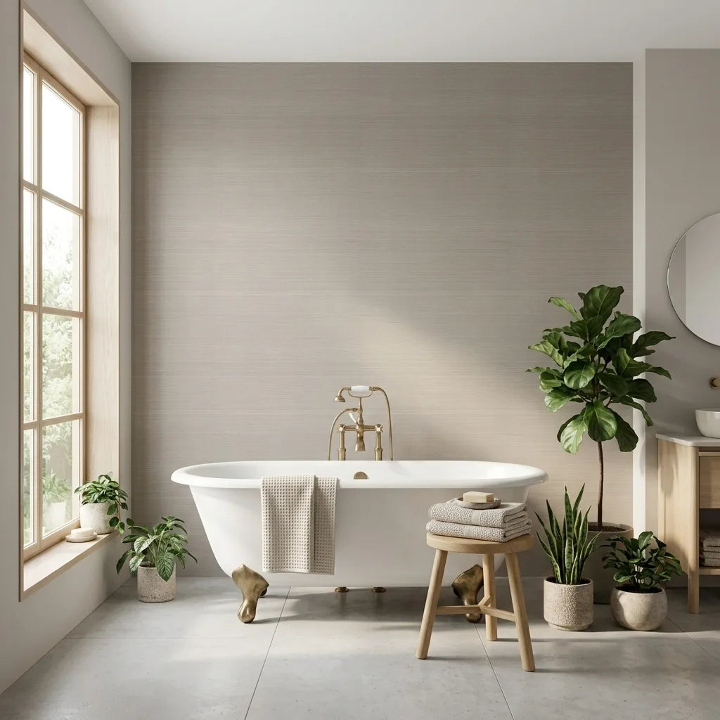 Bathroom - Elegant bathroom showcasing Taupe "Tailored Abaca" wallpaper by York Wallcoverings, adding natural texture & sophistication.