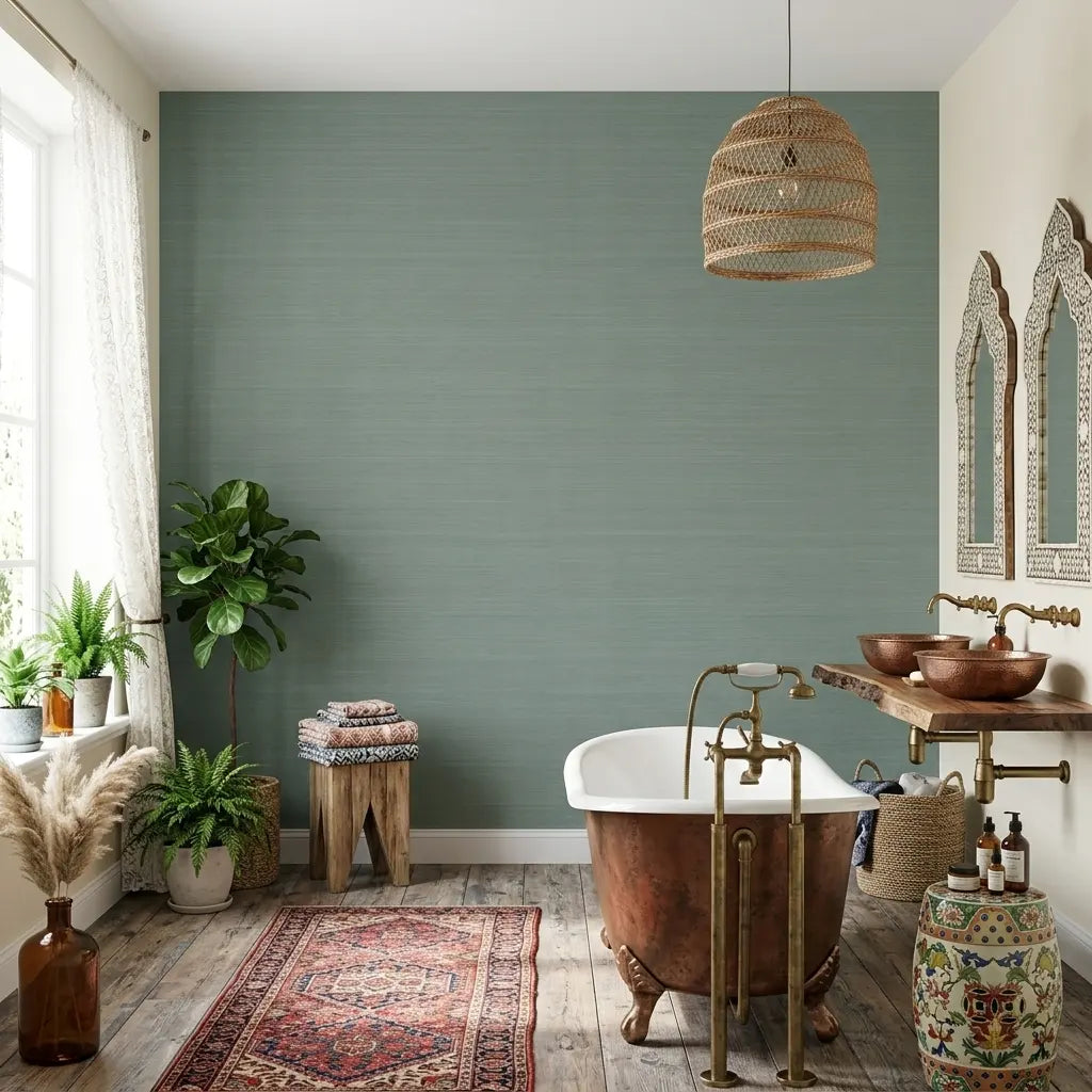 Bathroom - Elegant bathroom featuring "Tailored Abaca" wallpaper in Muted Teal by York Wallcoverings, creating a serene, textured space.