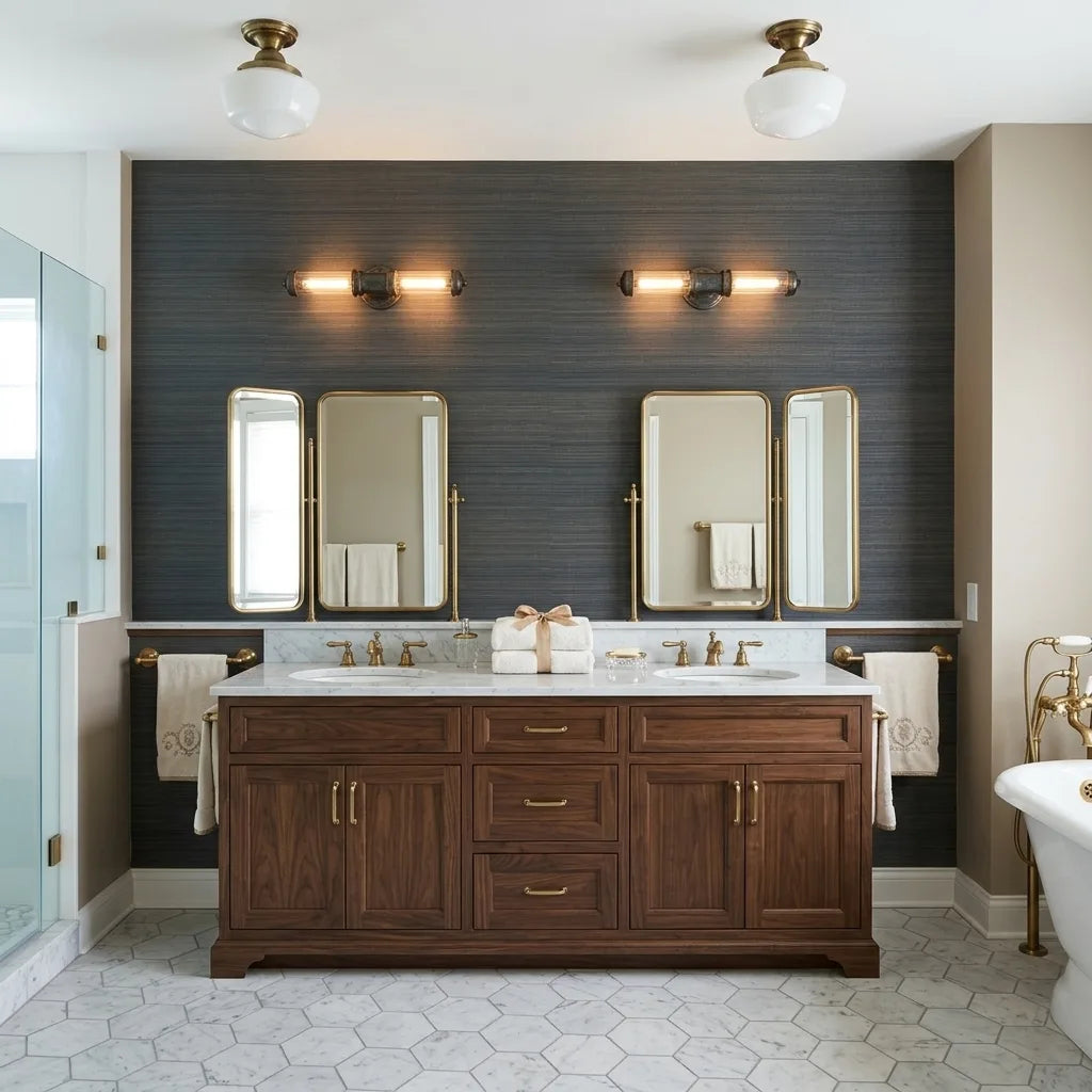 Bathroom - Luxurious bathroom featuring textured Tailored Abaca wallpaper by York Wallcoverings, a beautiful teal and gold design.