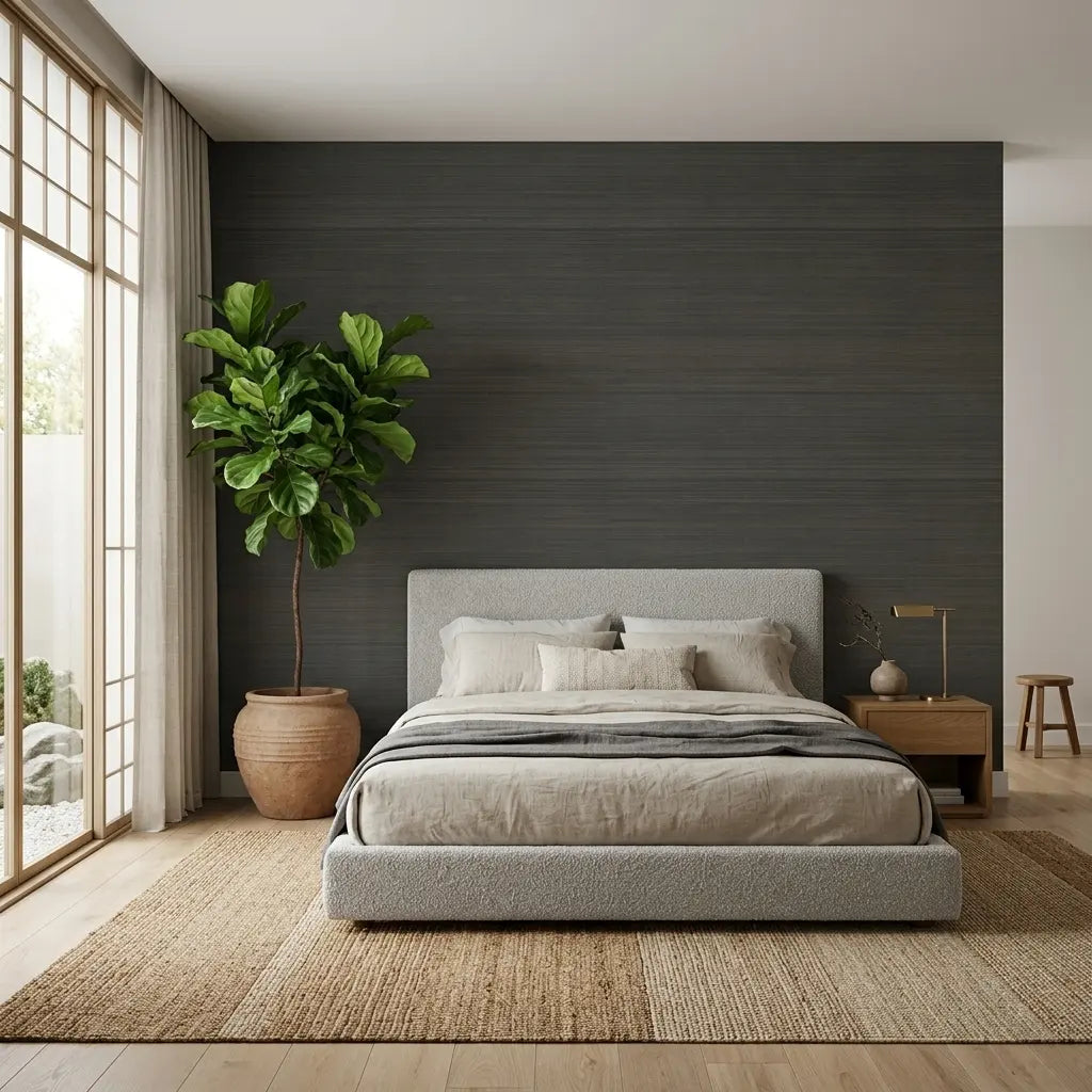 Bedroom - Stylish room showcasing 'Tailored Abaca' wallpaper in Dark Olive by York Wallcoverings, adding organic texture and depth.