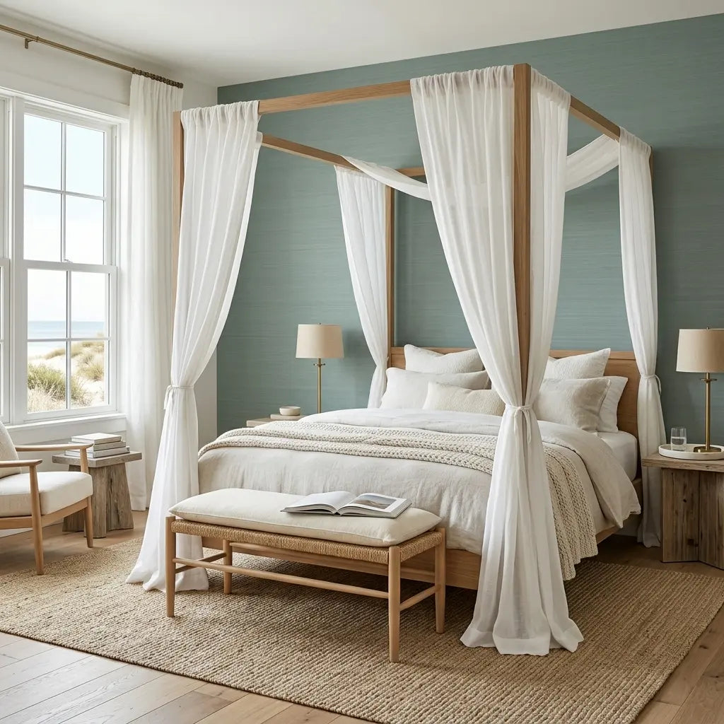 Bedroom - Muted Teal Tailored Abaca wallpaper by York Wallcoverings creates a serene and stylish natural fiber backdrop.