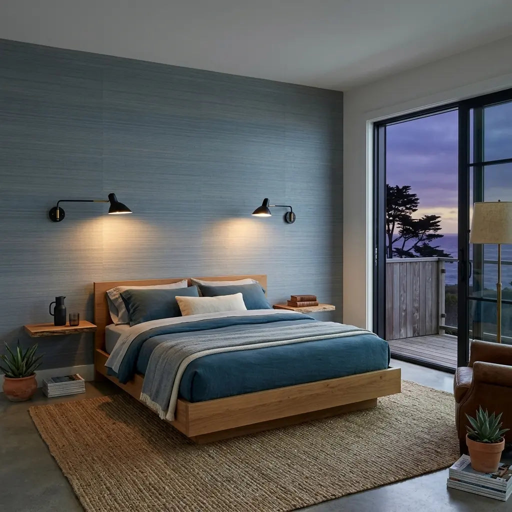 Bedroom - Luxury modern bedroom features York Wallcoverings' 'Tailored Abaca' wallpaper in calming Dusty Blue.