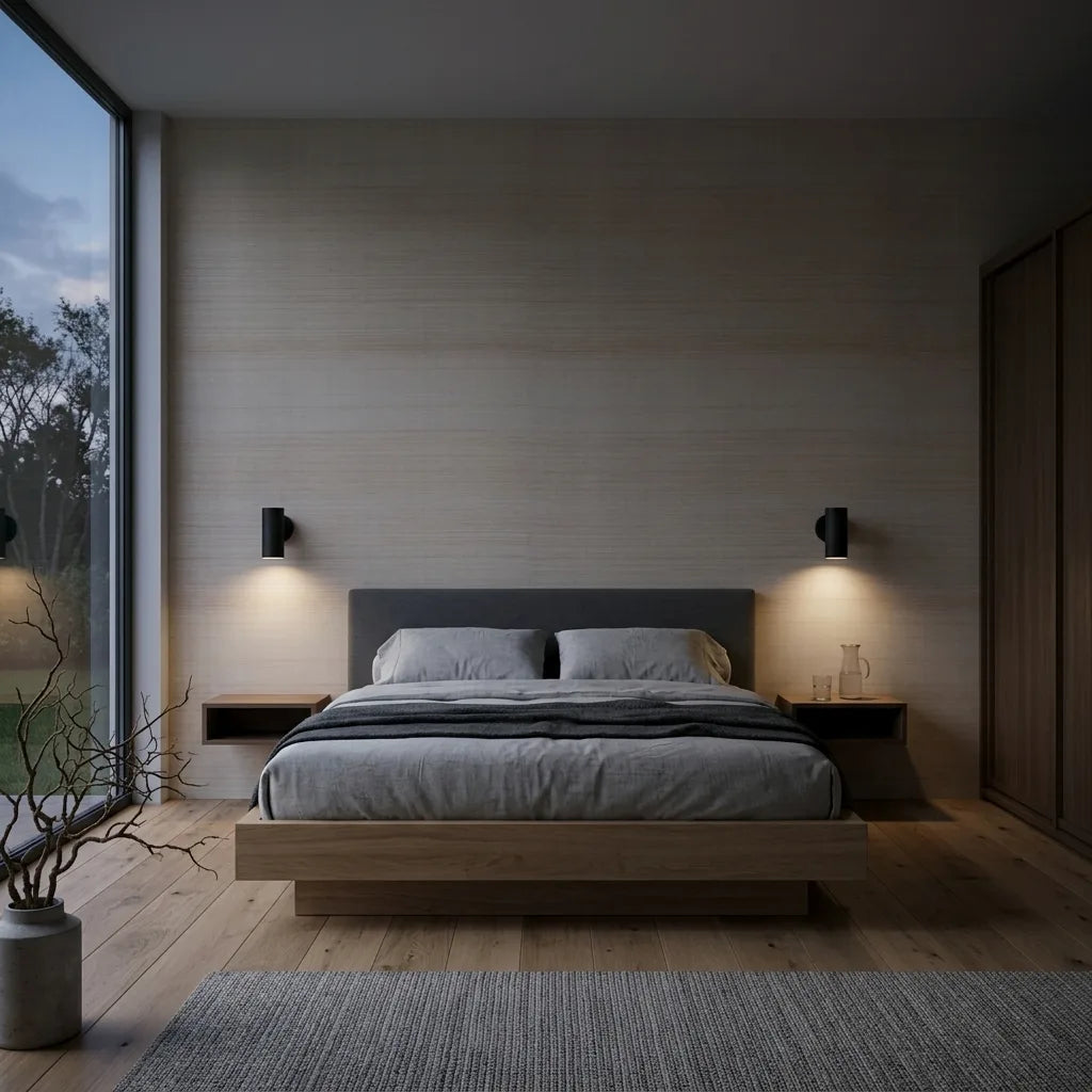 Bedroom - Elegant room with York Wallcoverings' 'Tailored Abaca' wallpaper in Warm Ivory, adding natural texture and sophistication.