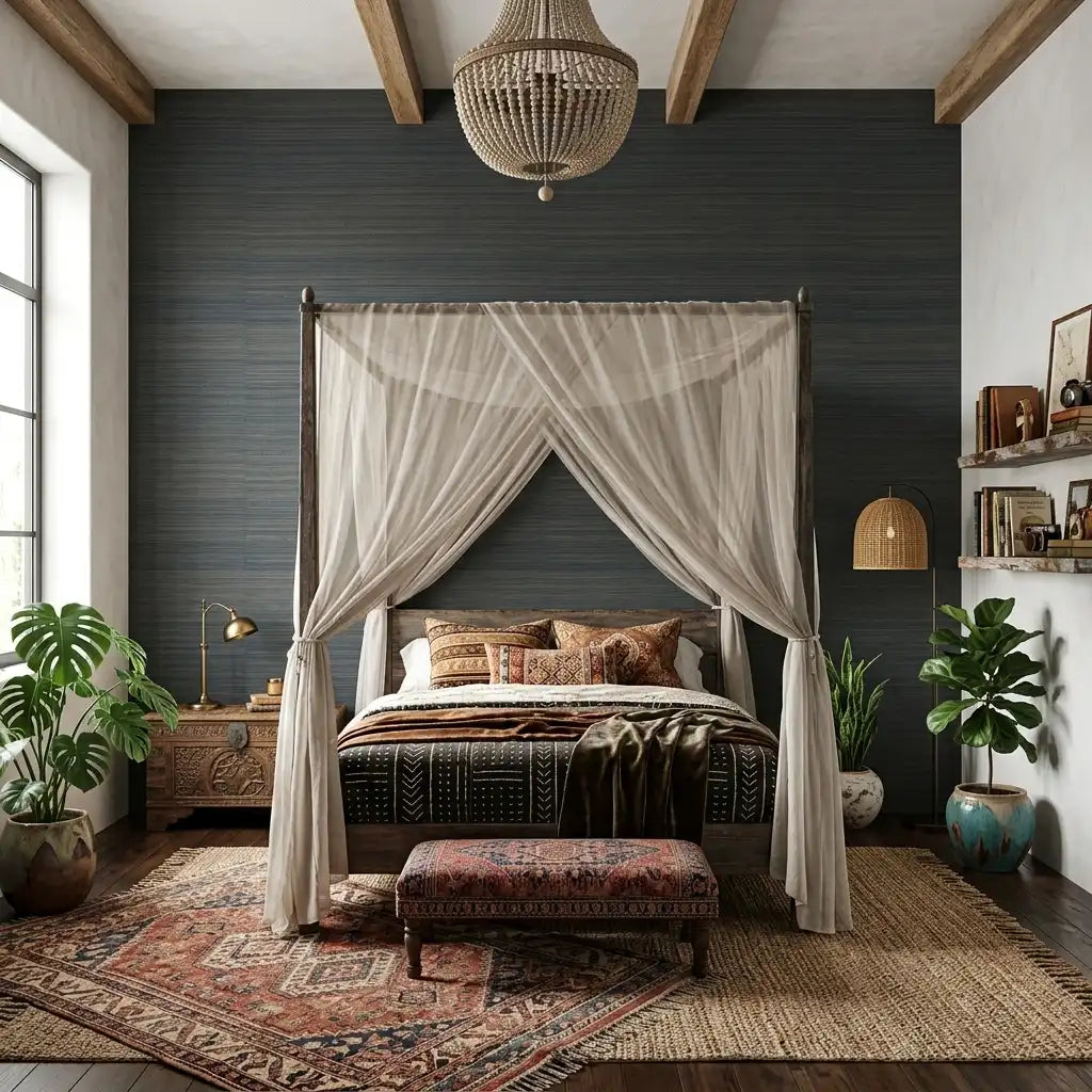 Bedroom - Serene bedroom featuring York Wallcoverings' Teal & Gold Tailored Abaca wallpaper, creating a luxurious and textured ambiance.