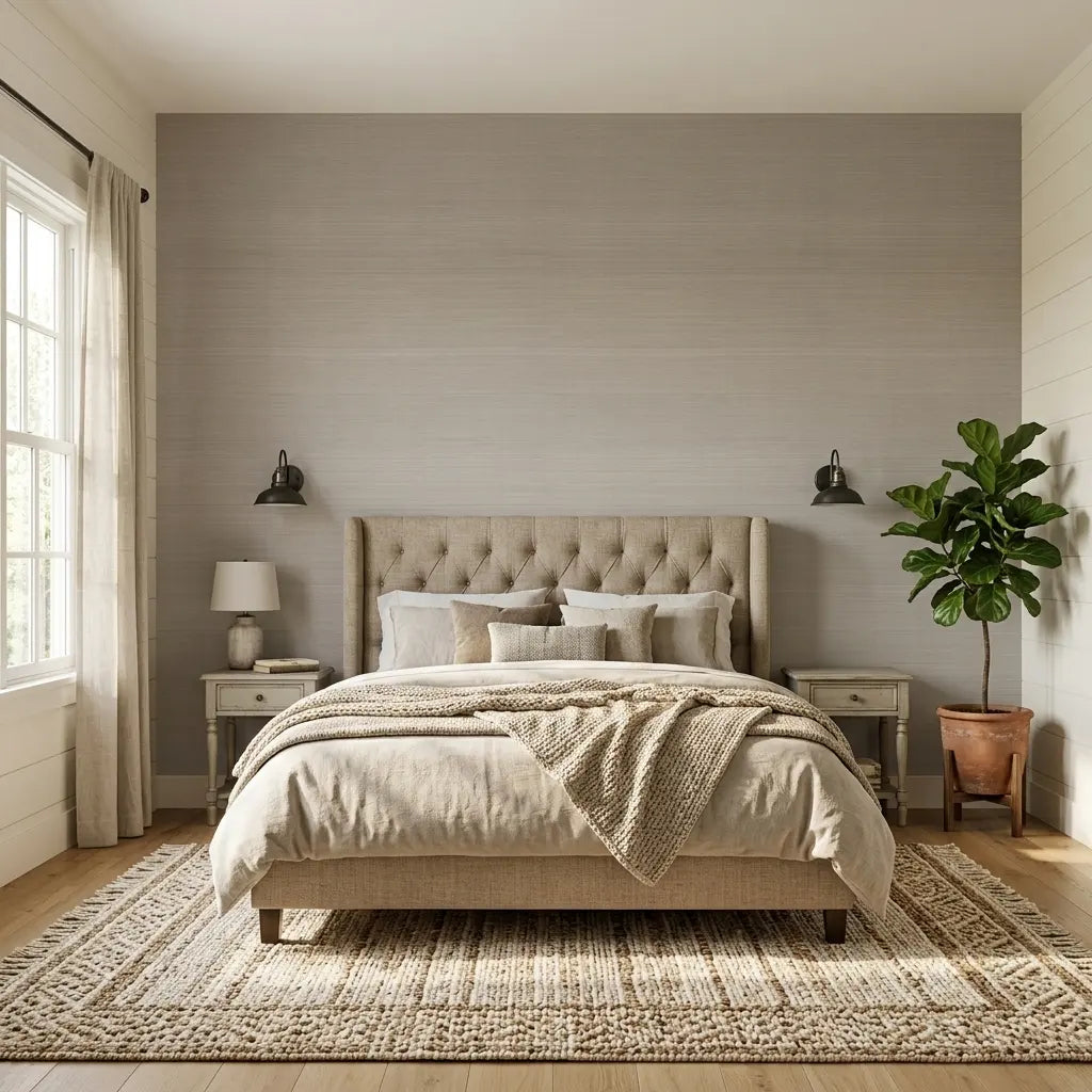 Bedroom - Taupe Tailored Abaca natural fiber wallpaper by York Wallcoverings adds texture and warmth to this stylish space.