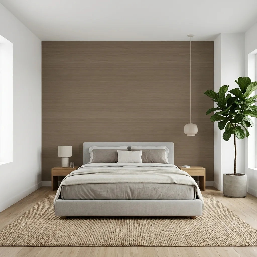 Bedroom - Sophisticated bedroom featuring Golden Brown Tailored Abaca natural fiber wallpaper from York Wallcoverings.