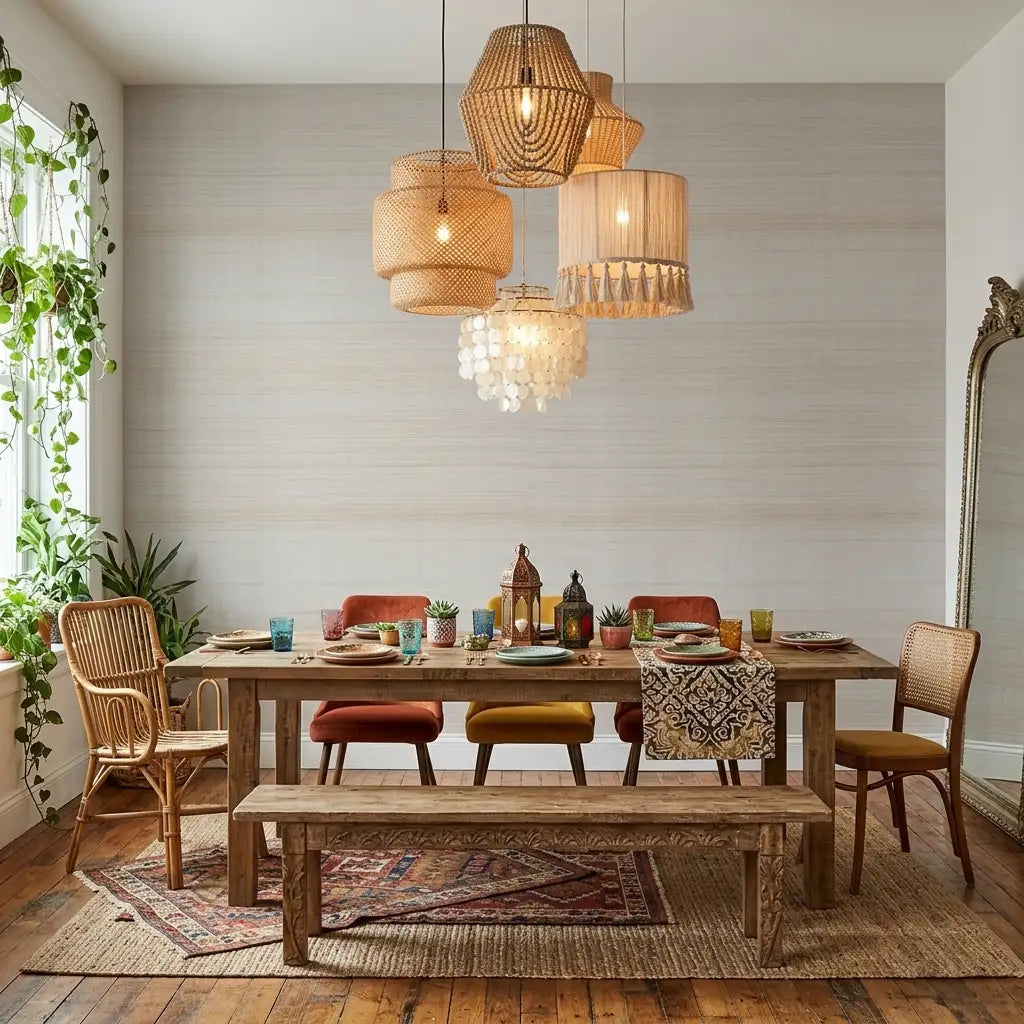 Dining Room - Warm Ivory Tailored Abaca wallpaper by York Wallcoverings adds elegant texture to this stylish dining space.