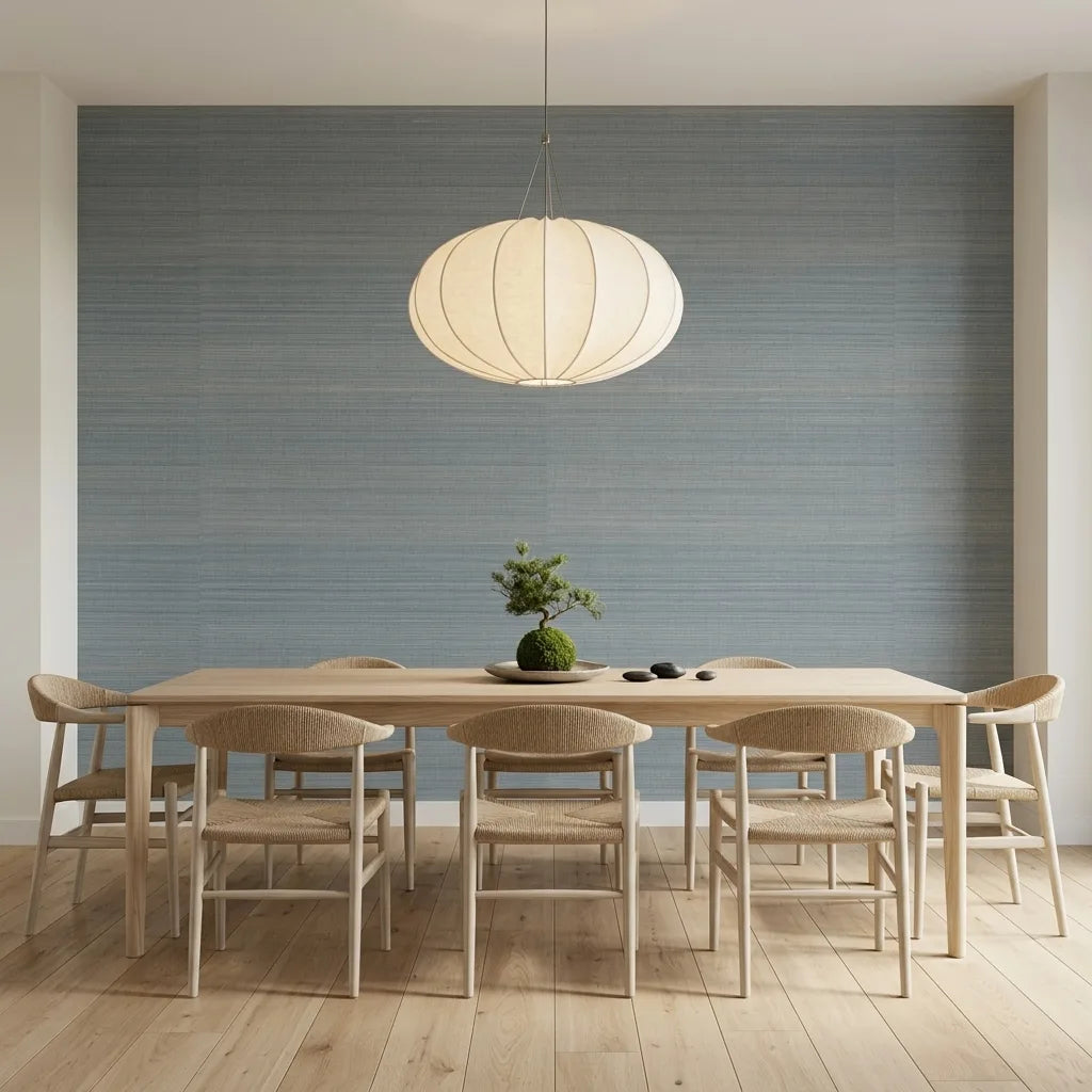 Dining Room - Features elegant Tailored Abaca wallpaper in Dusty Blue by York Wallcoverings, creating a serene and stylish space.