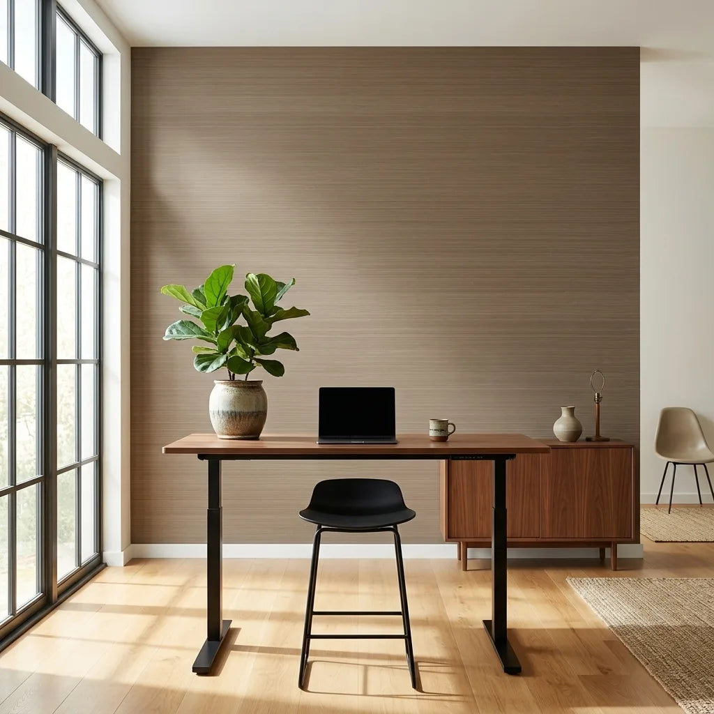 Home Office - Tailored Abaca Golden Brown wallpaper by York Wallcoverings creates a warm, natural aesthetic.