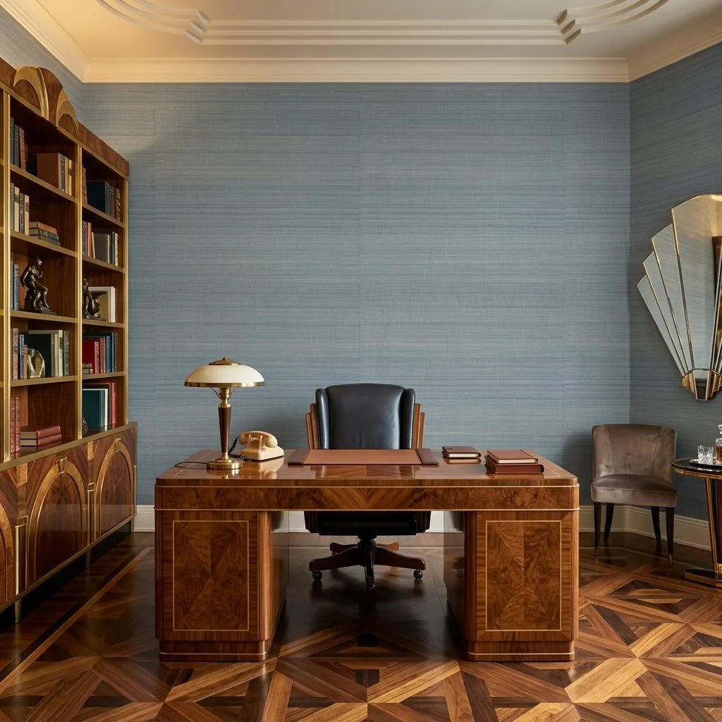Home Office - Serene workspace featuring Tailored Abaca Dusty Blue wallpaper by York Wallcoverings, adding natural texture and calm.