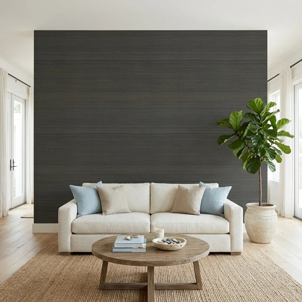 Living Room - showcases Tailored Abaca wallpaper in Dark Olive by York Wallcoverings, creating a sophisticated and natural ambiance.