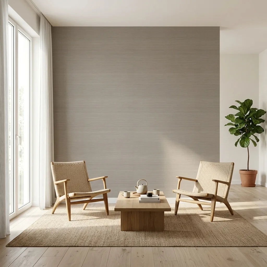 Living Room - Elegant living room showcasing Tailored Abaca wallpaper in Taupe by York Wallcoverings.