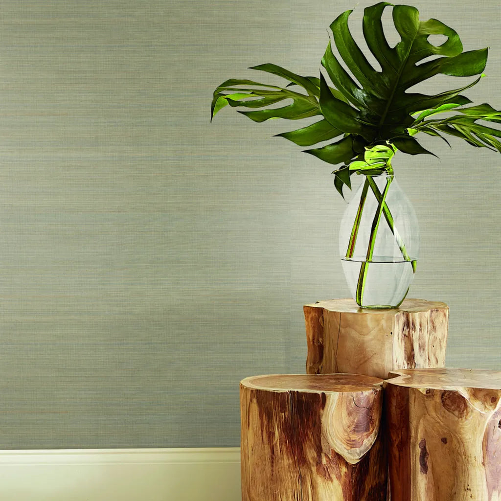 Elegant living room featuring Taupe Tailored Abaca wallpaper by York Wallcoverings, creating a sophisticated and natural ambiance.