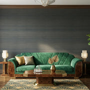 Living Room - Elegant living space showcasing Tailored Abaca wallpaper in Teal and Gold by York Wallcoverings.