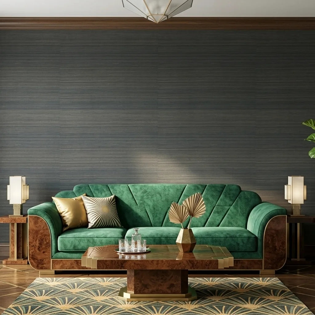 Living Room - Elegant living space showcasing Tailored Abaca wallpaper in Teal and Gold by York Wallcoverings.