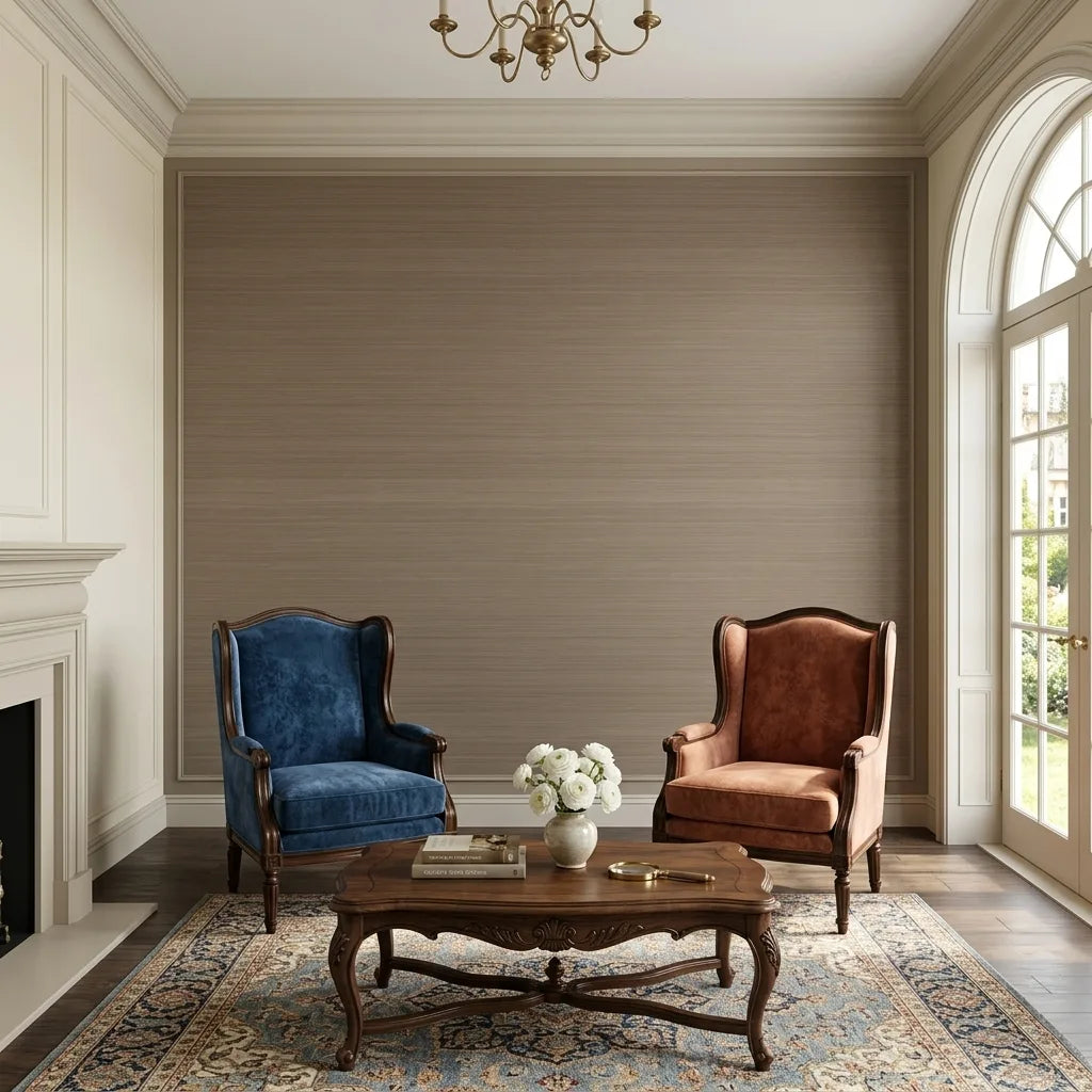 Living Room - Stylish living room with warm Golden Brown Tailored Abaca wallpaper by York Wallcoverings creating a cozy ambiance.