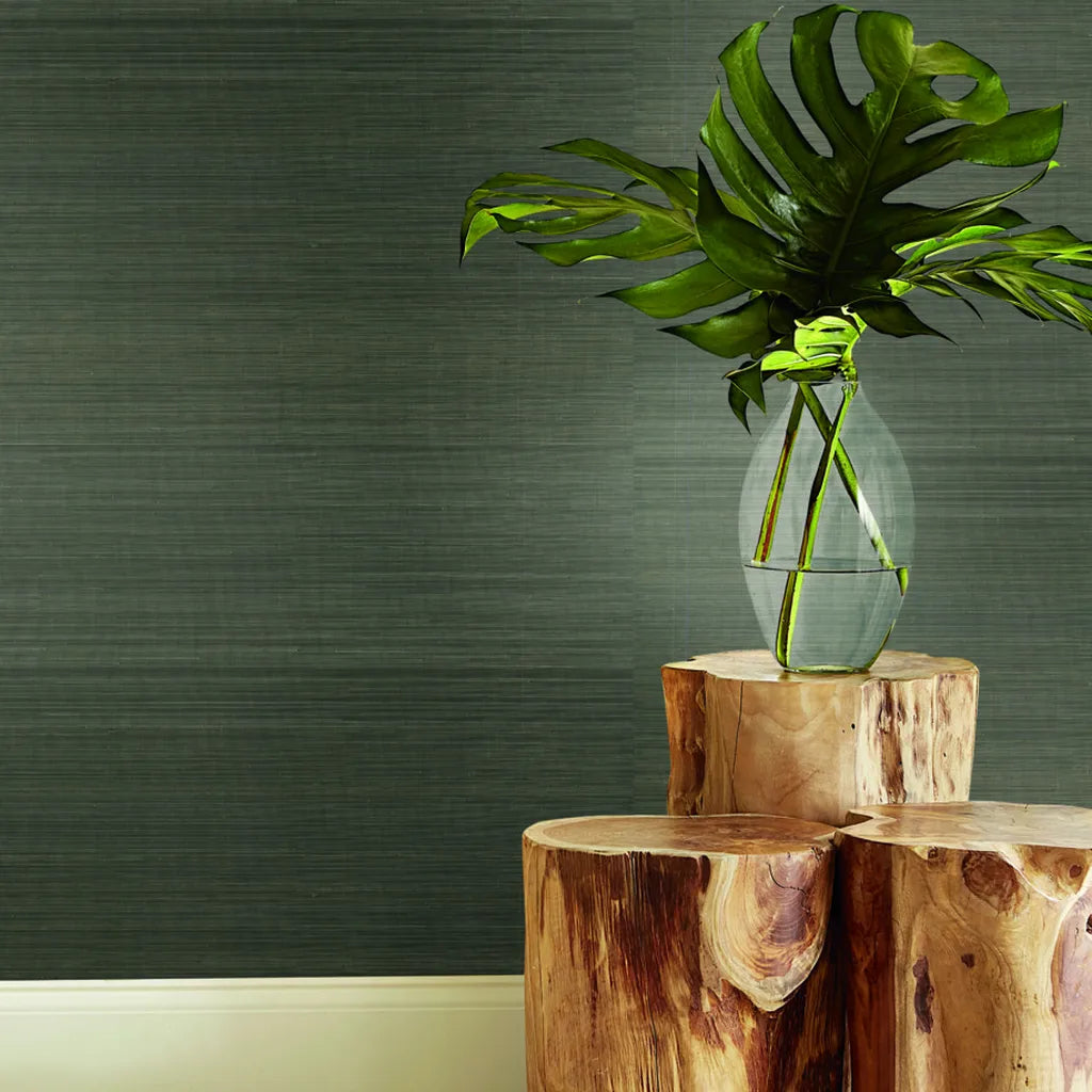 Dark Olive Tailored Abaca wallpaper by York Wallcoverings elevates this elegant interior design.