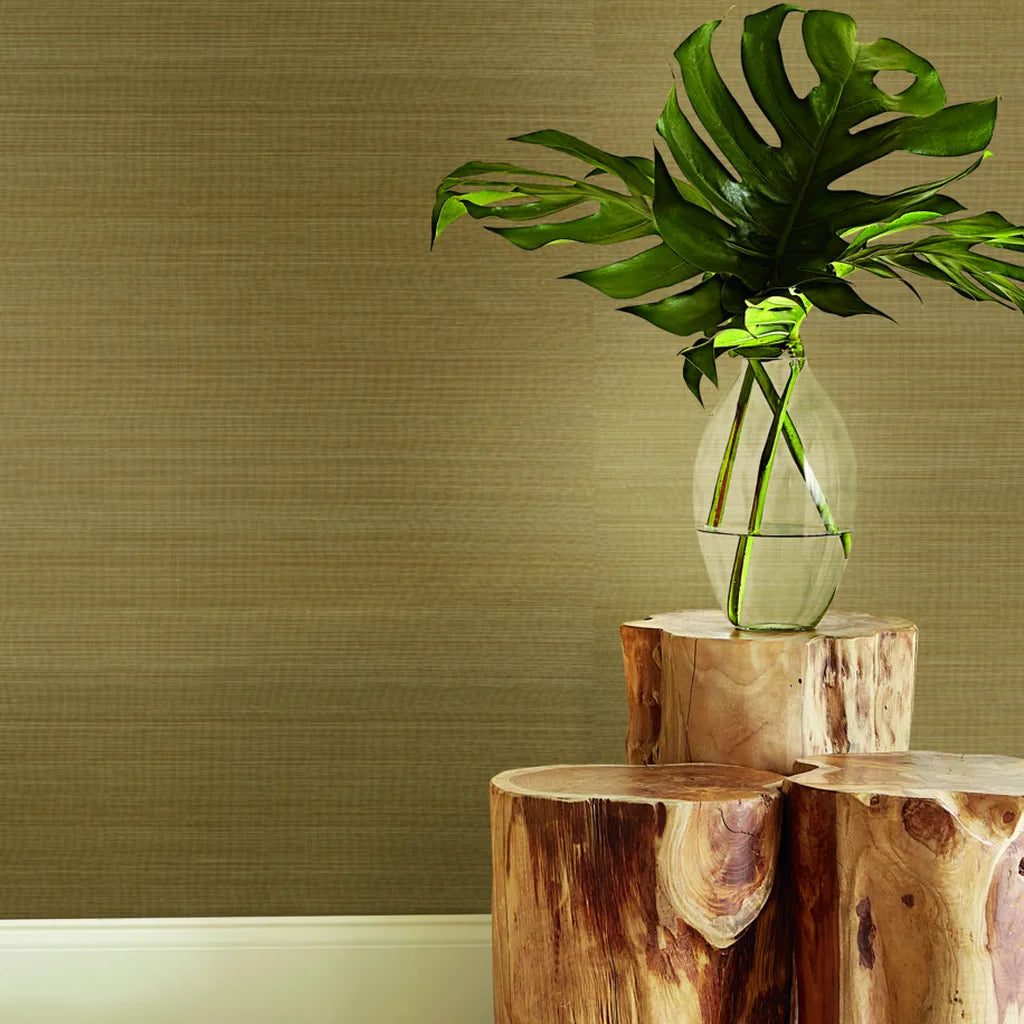 Interior with Golden Brown 'Tailored Abaca' wallpaper by York Wallcoverings, adding warmth and texture to the space.