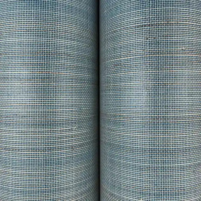 Close-up texture detail of York Wallcoverings' Tailored Abaca wallpaper in Dusty Blue, highlighting its natural fiber weave.